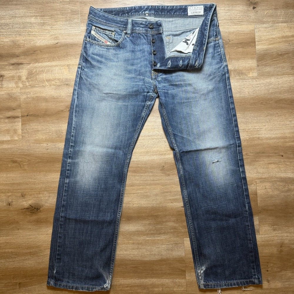 Diesel Larkee Jeans Men 32x28 Blue Straight Leg Dark Wash Faded Distressed 0074W